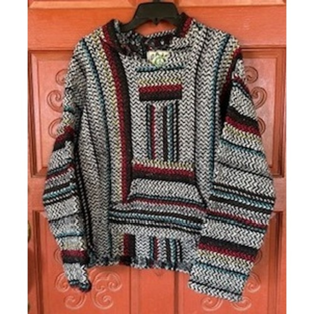 Baja Joe Hooded‎ Poncho Hoodie Pullover Hippie Multi Color Striped Rasta Small